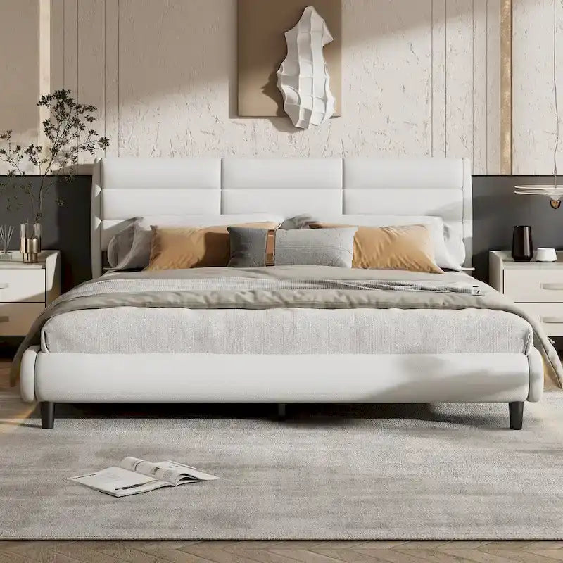 King Size Upholstered Platform Bed with LED Light Strips,Beige