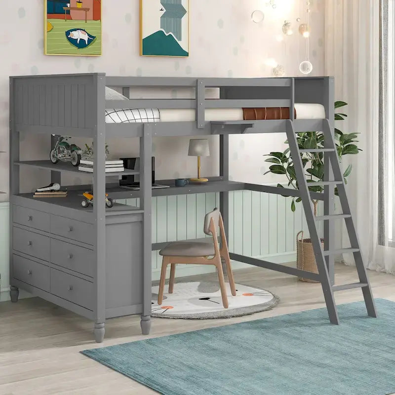 Full size Loft Bed with Drawers and Desk, Wooden Loft Bed with Shelves