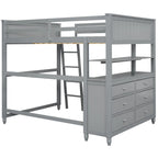Full size Loft Bed with Drawers and Desk, Wooden Loft Bed with Shelves