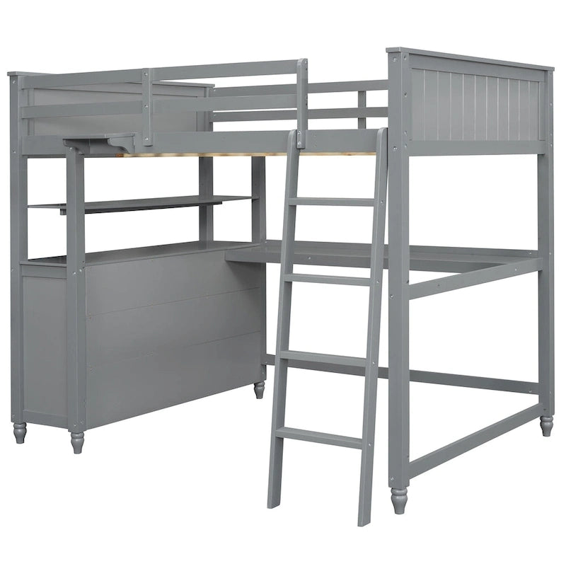 Full size Loft Bed with Drawers and Desk, Wooden Loft Bed with Shelves