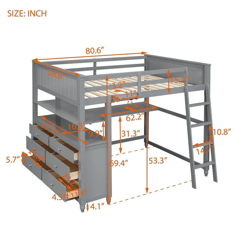 Full size Loft Bed with Drawers and Desk, Wooden Loft Bed with Shelves