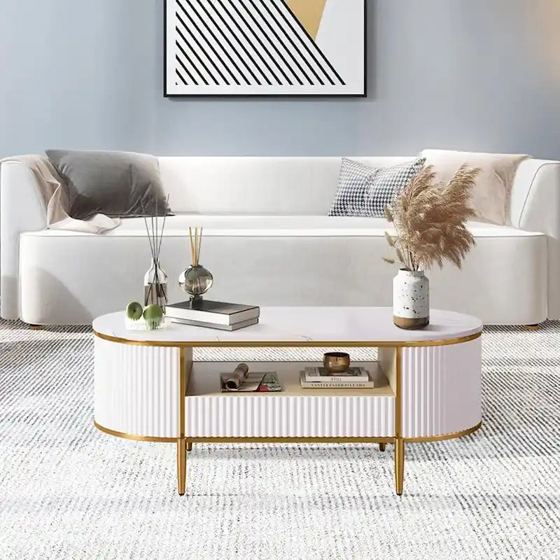 Modern Oval Coffee Table with Drawers for Living Room - N/A