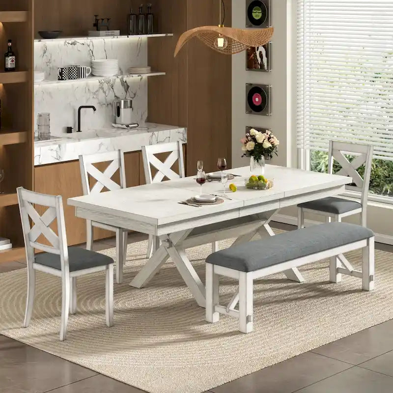 VECELO Dining Table Set with Bench, Solid Wood Rectangular Extendable Dining Table & 4 Solid Wood Dining Chairs