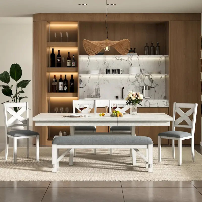 VECELO Dining Table Set with Bench, Solid Wood Rectangular Extendable Dining Table & 4 Solid Wood Dining Chairs
