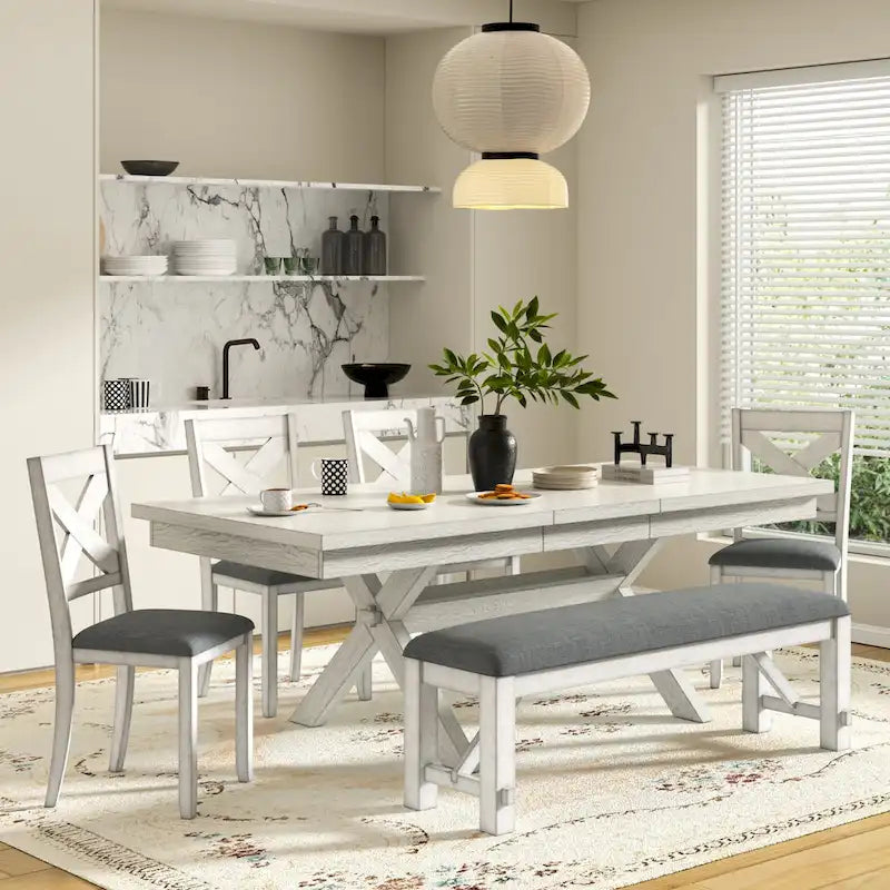 VECELO Dining Table Set with Bench, Solid Wood Rectangular Extendable Dining Table & 4 Solid Wood Dining Chairs