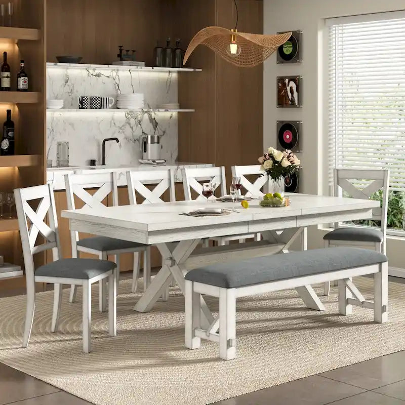 VECELO Dining Table Set with Bench, Solid Wood Rectangular Extendable Dining Table & 4 Solid Wood Dining Chairs