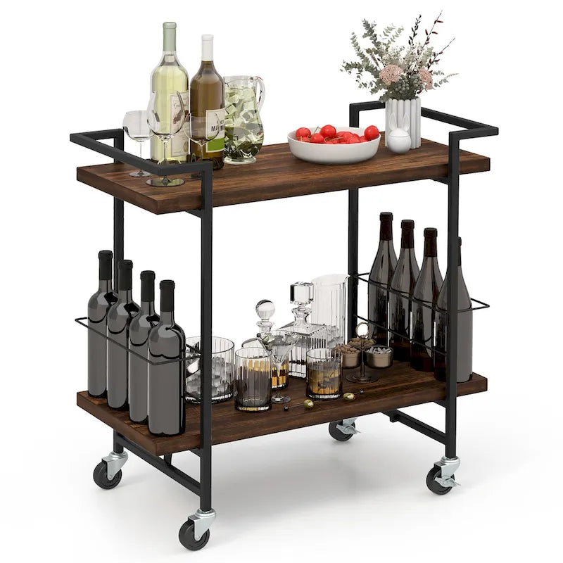  Home Bar Cart 2-tier Home Bar Cart w/ Lockable Wheels &