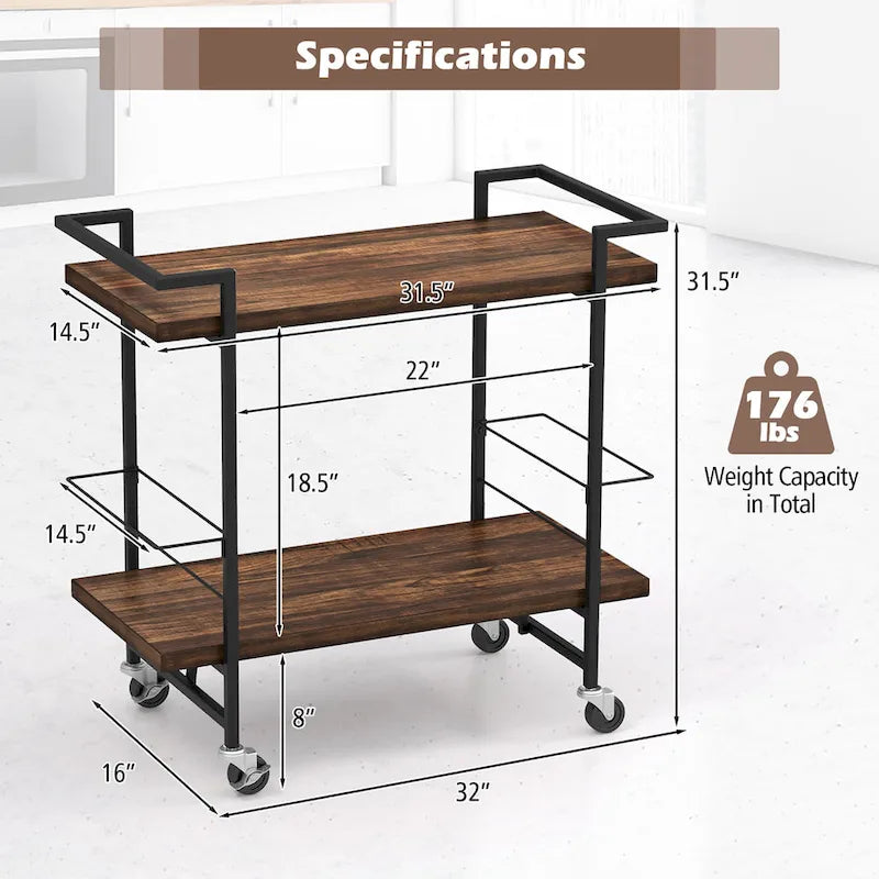 Home Bar Cart 2-tier Home Bar Cart w/ Lockable Wheels &