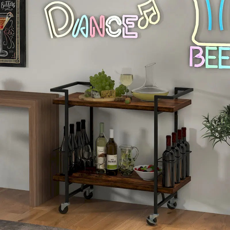 Home Bar Cart 2-tier Home Bar Cart w/ Lockable Wheels &