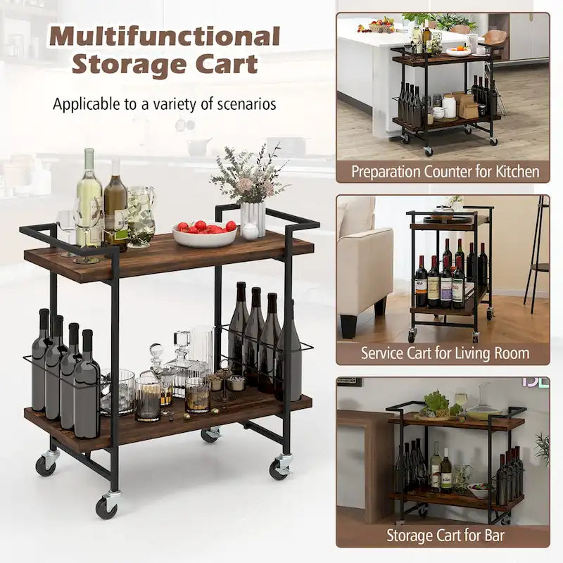 Home Bar Cart 2-tier Home Bar Cart w/ Lockable Wheels &