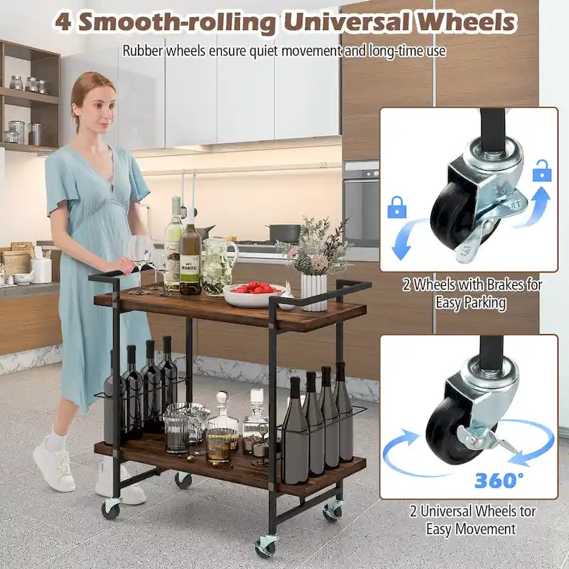 Home Bar Cart 2-tier Home Bar Cart w/ Lockable Wheels &
