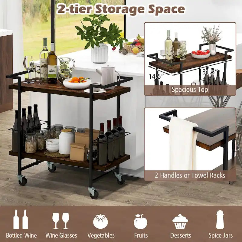 Home Bar Cart 2-tier Home Bar Cart w/ Lockable Wheels &