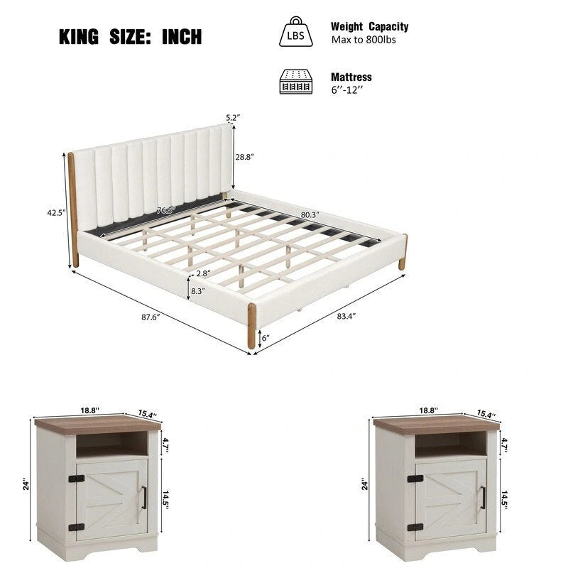 3-Pieces Bedroom Sets ,Bed Frame with Boucle Upholstered Thick Headboard, Solid Wooden Legs,Nightstands Set of 2 with Barn Door