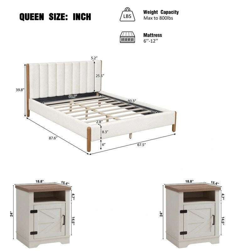 3-Pieces Bedroom Sets ,Bed Frame with Boucle Upholstered Thick Headboard, Solid Wooden Legs,Nightstands Set of 2 with Barn Door