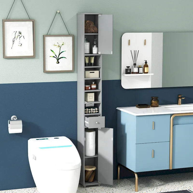 Gymax Tall Slim Bathroom Storage Cabinet Linen Tower w/Drawer