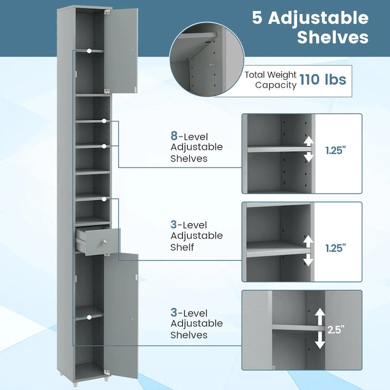 Gymax Tall Slim Bathroom Storage Cabinet Linen Tower w/Drawer