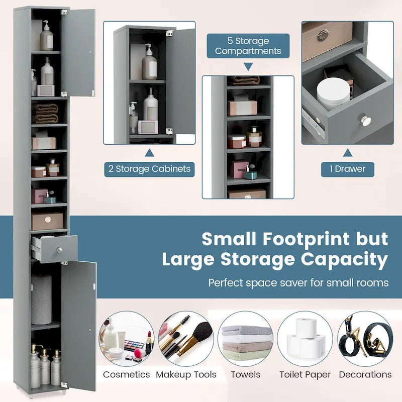 Gymax Tall Slim Bathroom Storage Cabinet Linen Tower w/Drawer