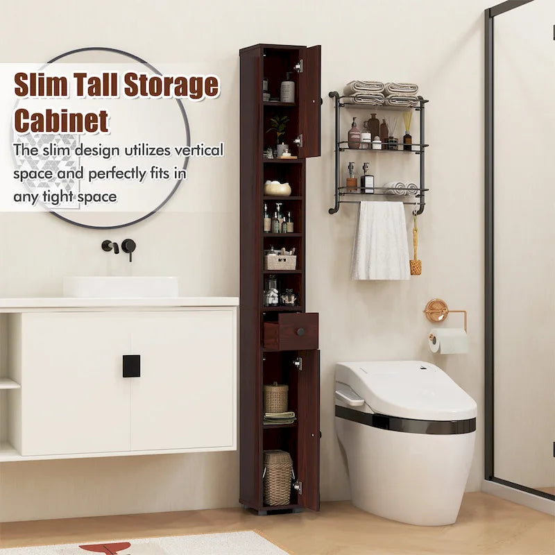 Gymax Tall Slim Bathroom Storage Cabinet Linen Tower w/Drawer