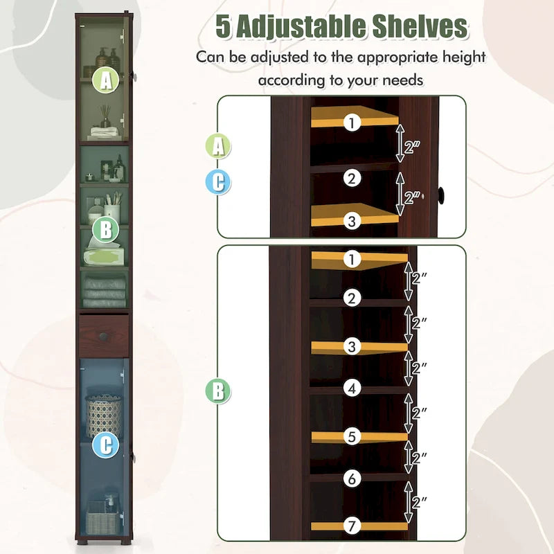 Gymax Tall Slim Bathroom Storage Cabinet Linen Tower w/Drawer