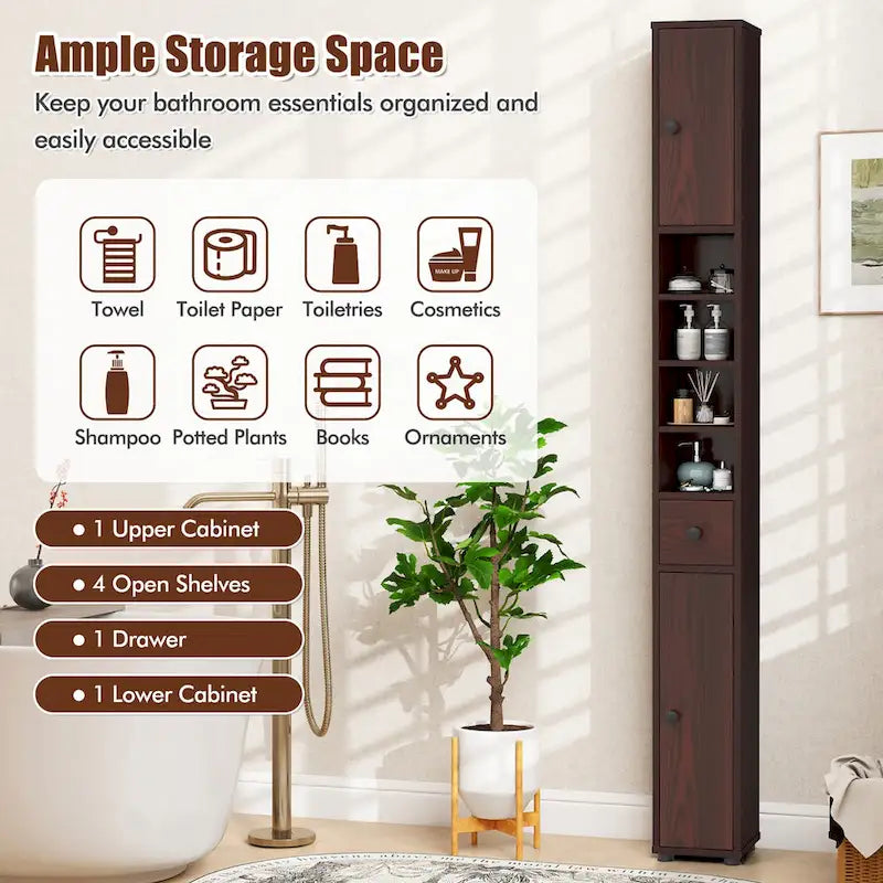 Gymax Tall Slim Bathroom Storage Cabinet Linen Tower w/Drawer
