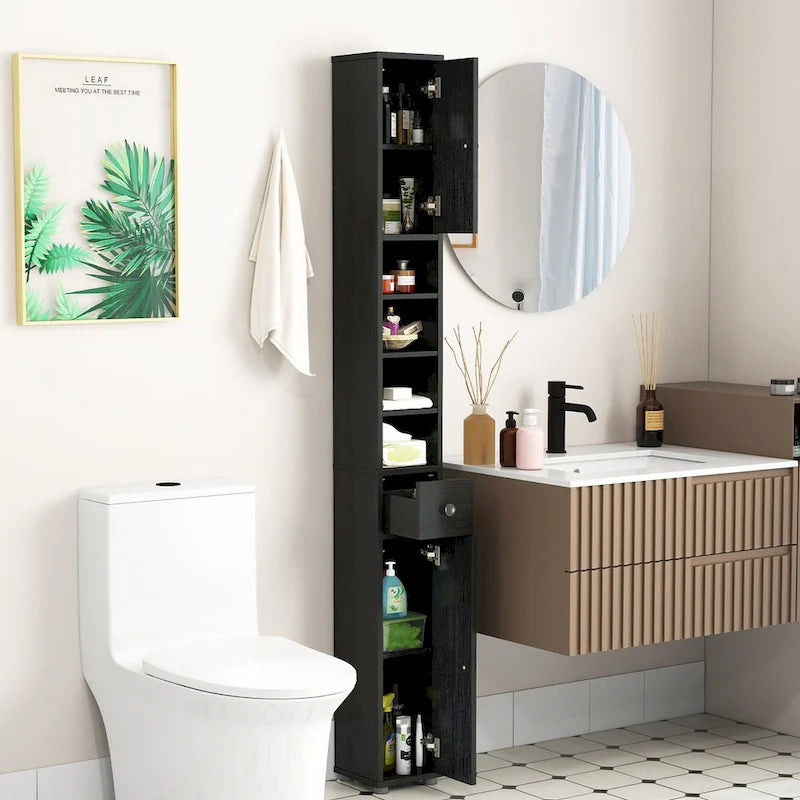 Gymax Tall Slim Bathroom Storage Cabinet Linen Tower w/Drawer