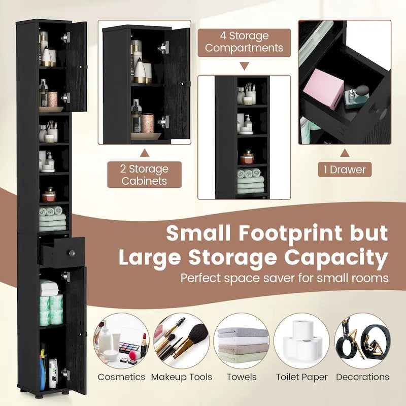 Gymax Tall Slim Bathroom Storage Cabinet Linen Tower w/Drawer