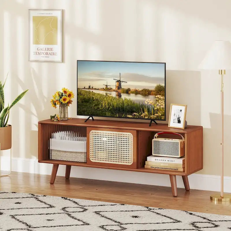 Costway Modern TV Stand Entertainment Center Media Console with Rattan