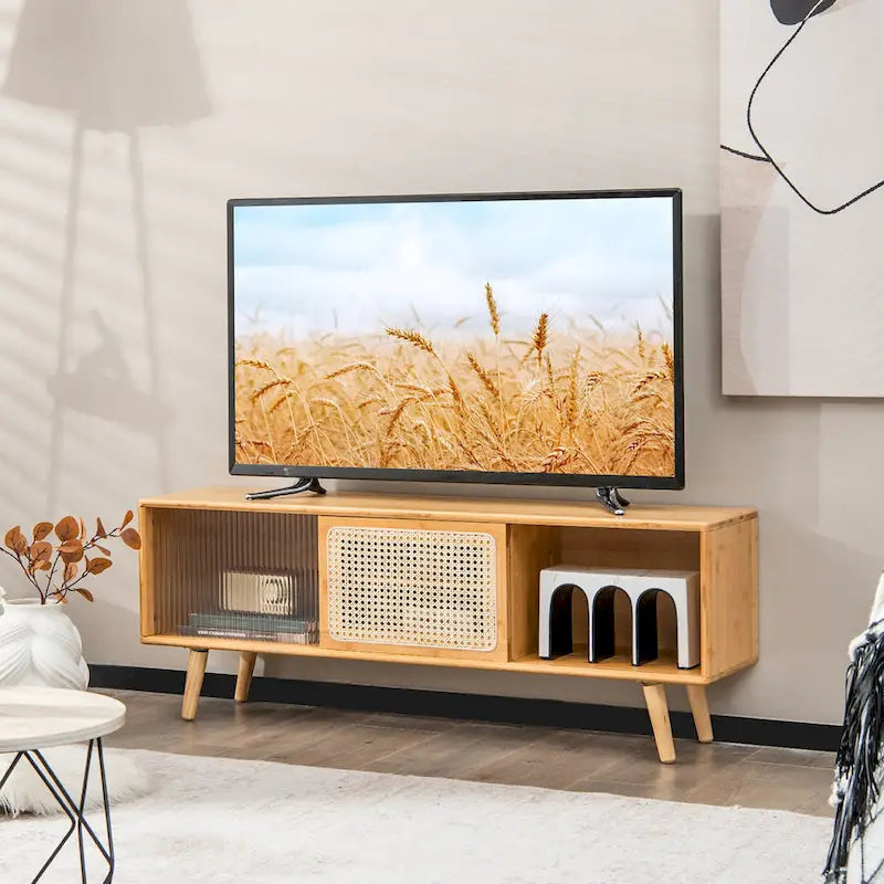 Costway Modern TV Stand Entertainment Center Media Console with Rattan