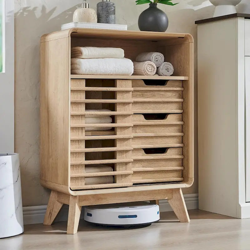 Slatted Door Bathroom Floor Cabinet, Mid-Century Storage Cabinet