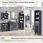 Slatted Door Bathroom Floor Cabinet, Mid-Century Storage Cabinet