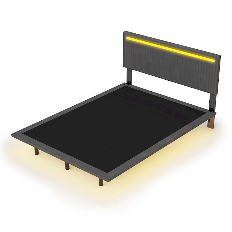 Modern Upholstered Floating Bed Frame with LED Lights, Vertical Channel Design Velvet Fabric Bed, Full Size, Beige