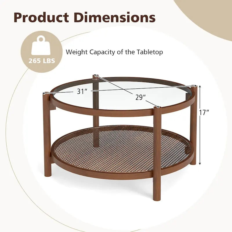 Costway Wooden 31 Round Coffee Table with Tempered Glass Top Handmade - Cherry+Transparent - See Details