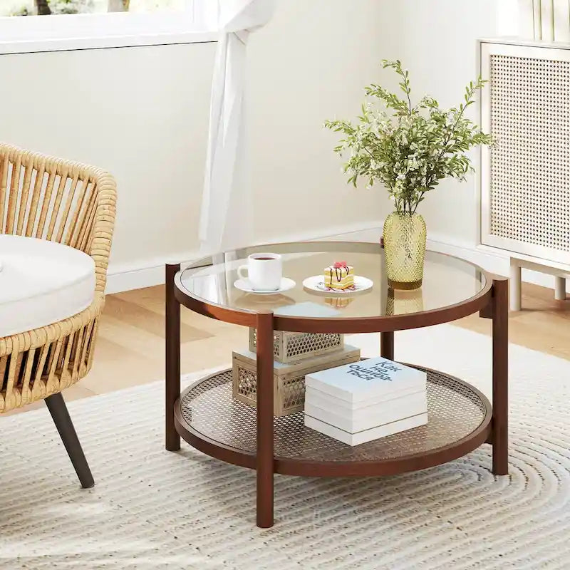 Costway Wooden 31 Round Coffee Table with Tempered Glass Top Handmade - Cherry+Transparent - See Details
