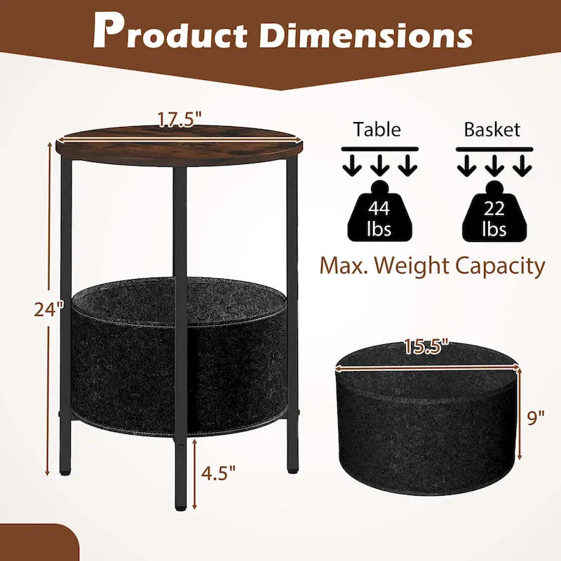 Costway 1/2 PCS Round End Table with Felt Storage Basket Sturdy Metal