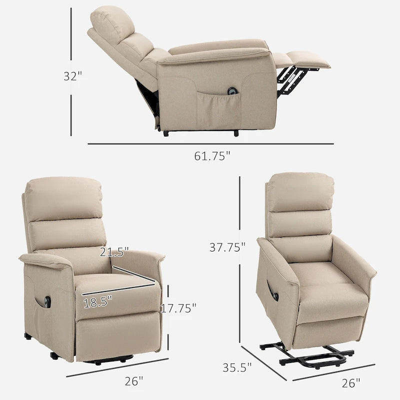 Electric Lift Recliner Chair for Seniors Adjustable Fabric Reclining Sofa with Remote and Side Pockets