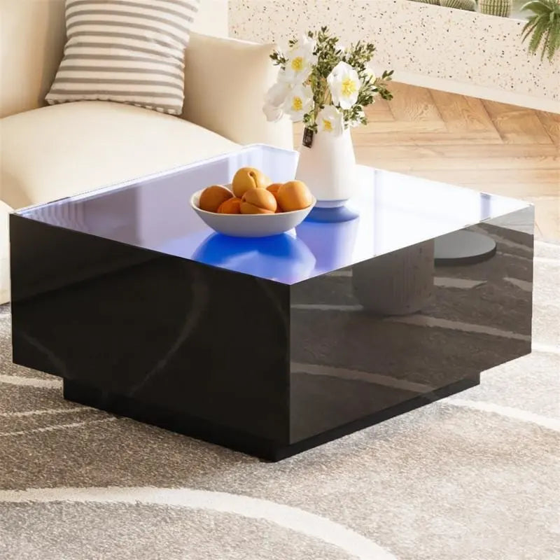 Square Hight Glossy Coffee Table with 16-color LED Strip Lights, Modern Center Table with 5mm Frosted Tempered Glass Top