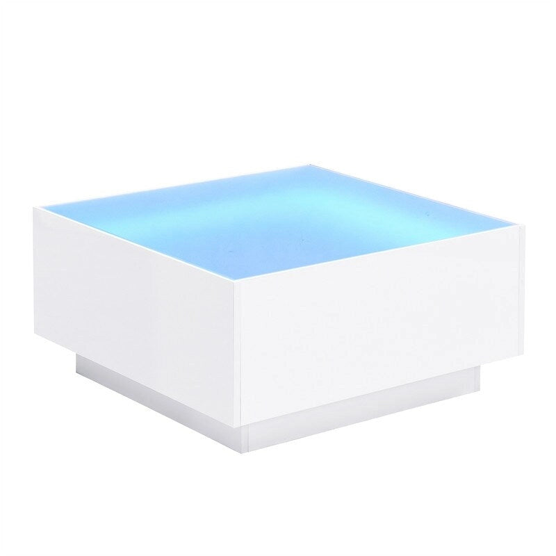 Square Hight Glossy Coffee Table with 16-color LED Strip Lights, Modern Center Table with 5mm Frosted Tempered Glass Top