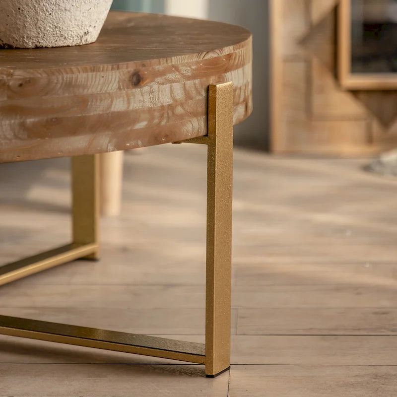 Modern Retro Splicing Round Coffee Table Simple Coffee Table with Fir Wood Tabletop Gold Cross Leg, for Living Room