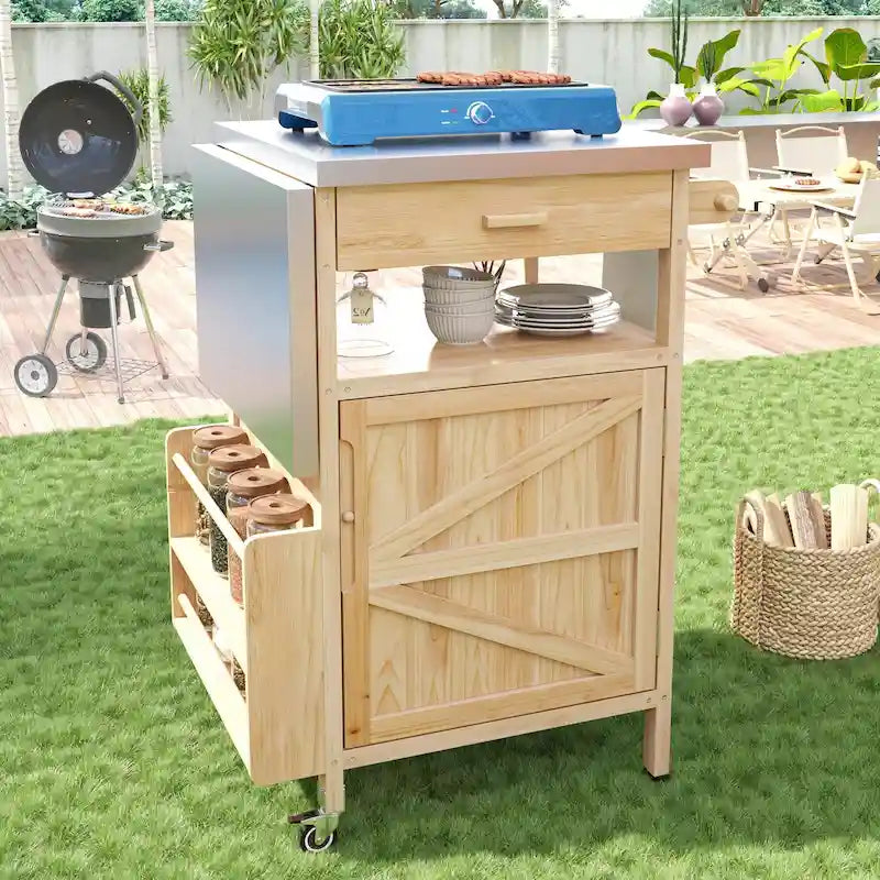 40.5 Outdoor Grill Cart with Stainless Steel Top, Rolling Buffet Serving Cart with Drop Leaf, Patio Kitchen Island Cart