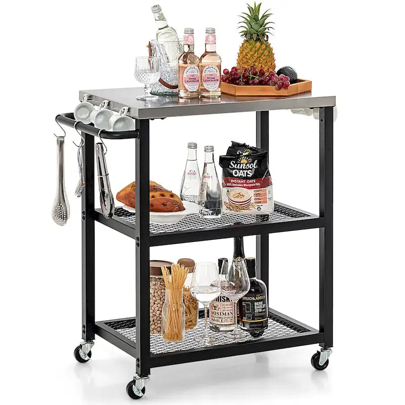 3-tier Outdoor Grill Cart on Wheels w/ Stainless Steel Top &