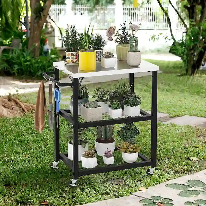 3-tier Outdoor Grill Cart on Wheels w/ Stainless Steel Top &