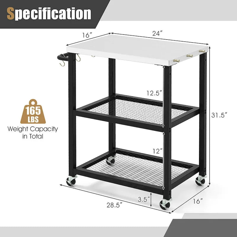 3-tier Outdoor Grill Cart on Wheels w/ Stainless Steel Top &