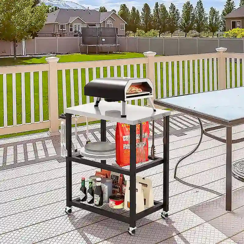 3-tier Outdoor Grill Cart on Wheels w/ Stainless Steel Top &