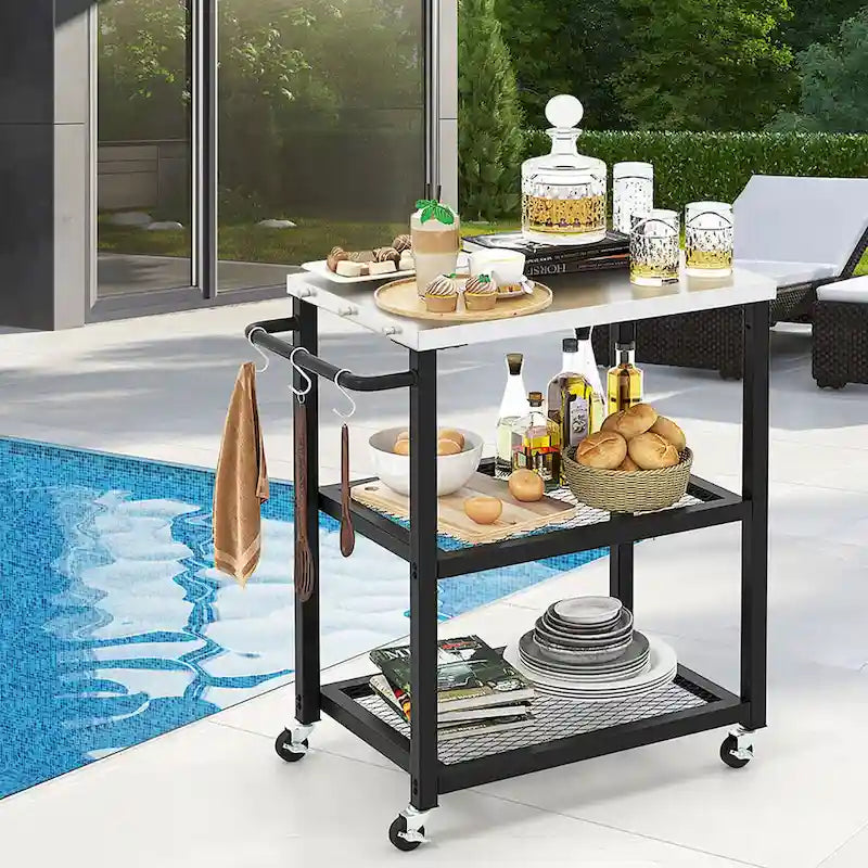 3-tier Outdoor Grill Cart on Wheels w/ Stainless Steel Top &