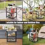 3-tier Outdoor Grill Cart on Wheels w/ Stainless Steel Top &
