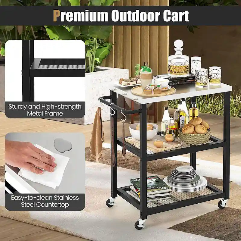 3-tier Outdoor Grill Cart on Wheels w/ Stainless Steel Top &