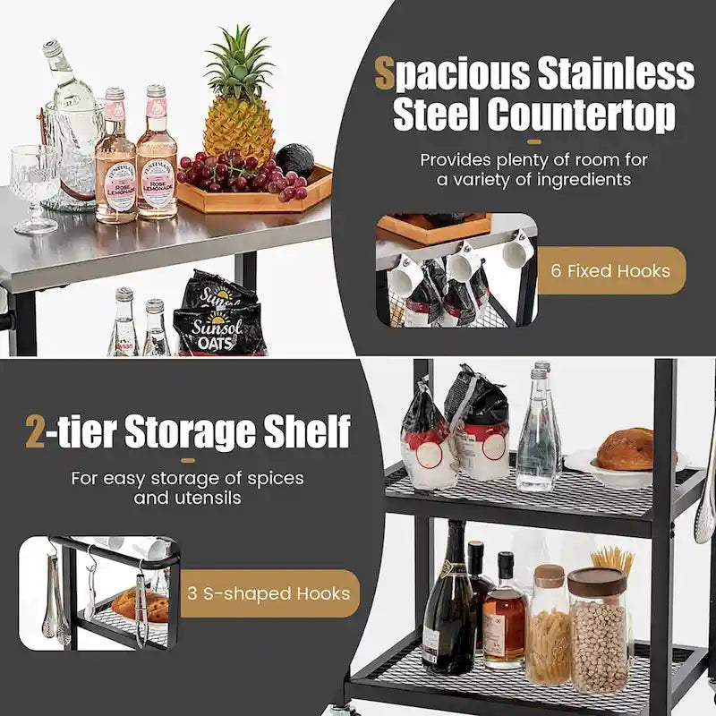 3-tier Outdoor Grill Cart on Wheels w/ Stainless Steel Top &