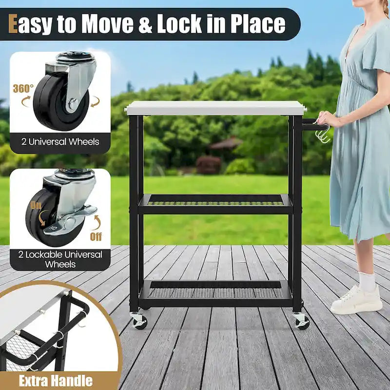 3-tier Outdoor Grill Cart on Wheels w/ Stainless Steel Top &