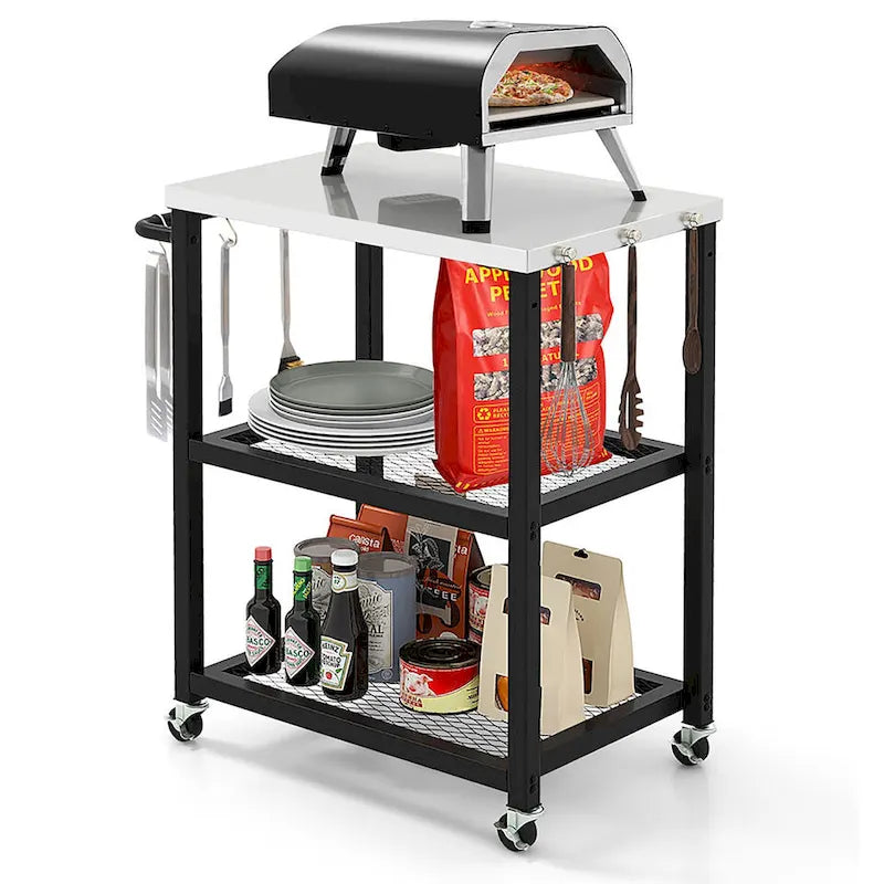3-tier Outdoor Grill Cart on Wheels w/ Stainless Steel Top &