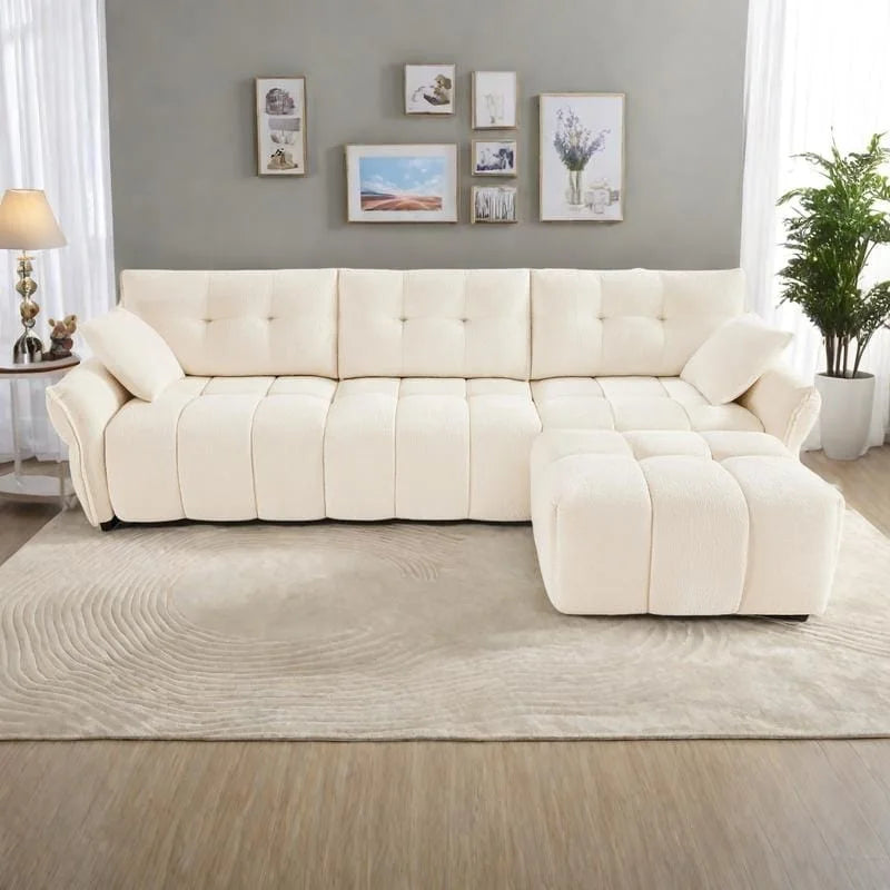 110.2 Chenille 3-Seater Sofa Set with Ottoman and Pillows, Solid Wood Frame and High-Resilience Cushions